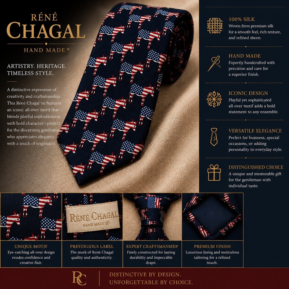 Rene Chagal Hand Made Silk Tie Blue Donkey Flag Pattern Democrat Party Election